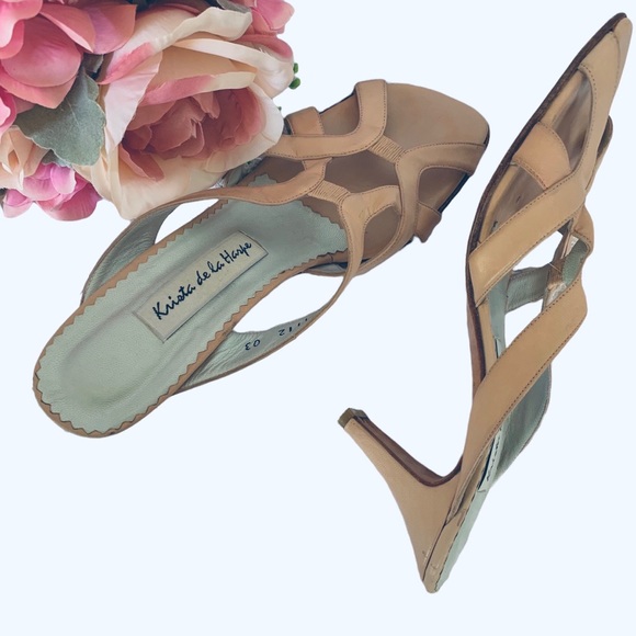 KRISTA DE LA HARPE NUDE SQUARE TOE KETTEN HEEL LEATHER SANDALS - Picture 15 of 15